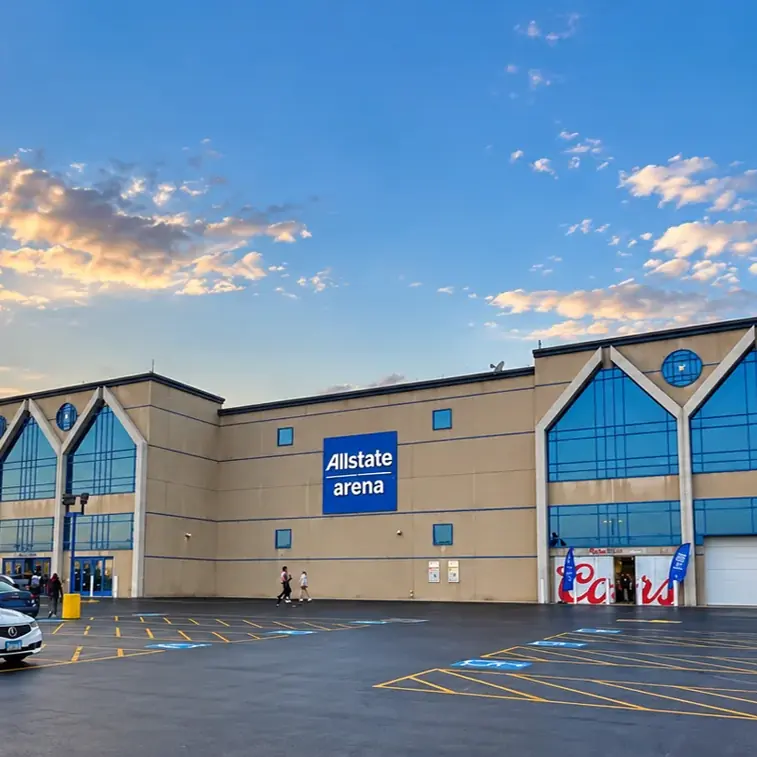 Allstate Arena in Rosemont at sunset