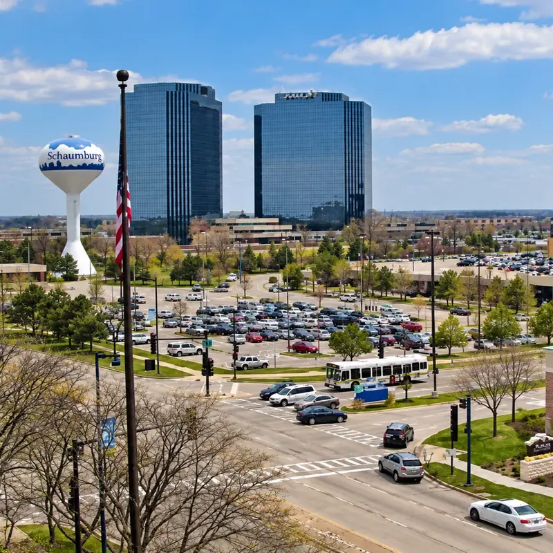 Schaumburg commercial district with its water tower
